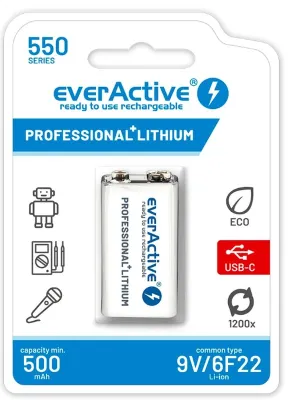 Akum. everActive 6F22/9V Li-Ion 7.4V 550mAh su USB-C